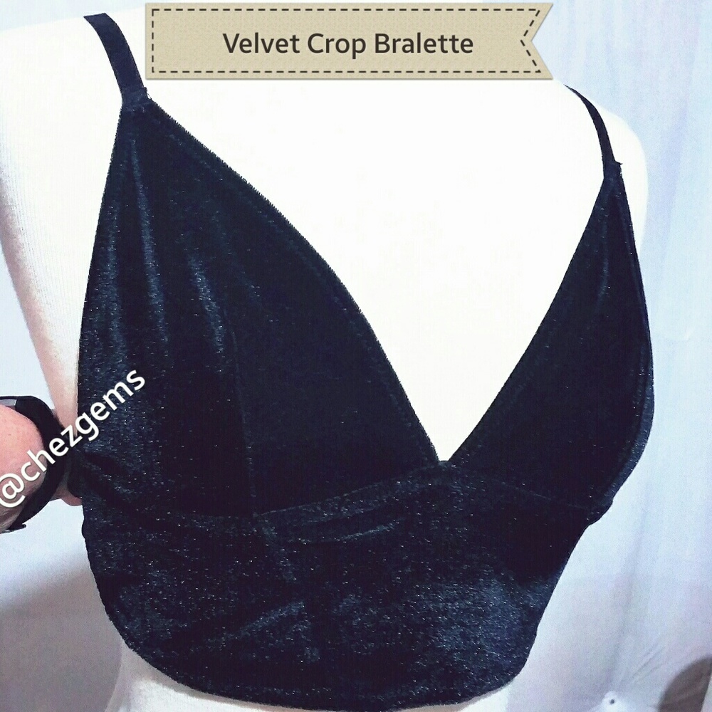 Black Velvet Plunge Crop Top Bralette M L New with Tags - Picture 6 of 7